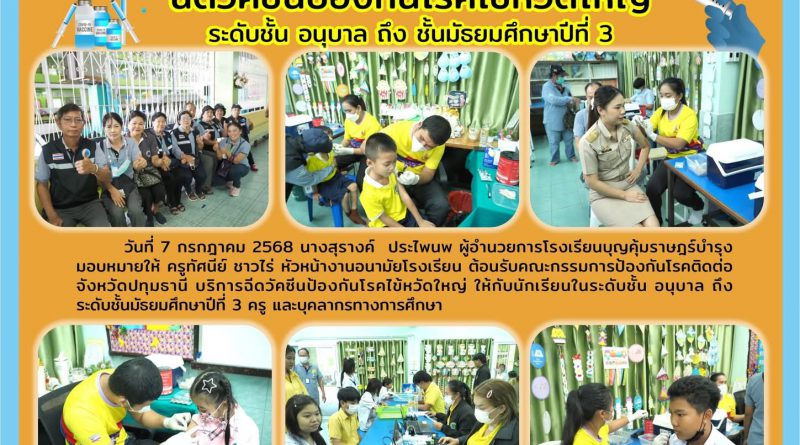 วันที่ 7 กรกฎาคม 2568 คณะกรรมการป้องกันโรคติดต่อ จังหวัดปทุมธานี บริการฉีดวัคซีนป้องกันโรคไข้หวัดใหญ่ให้กับนักเรียนอนุบาลถึงระดับมัธยมศึกษาปีที่ 3 ครูและบุคคลากรทางการศึกษาของโรงเรียนบุญคุ้มราษฎร์บำรุง